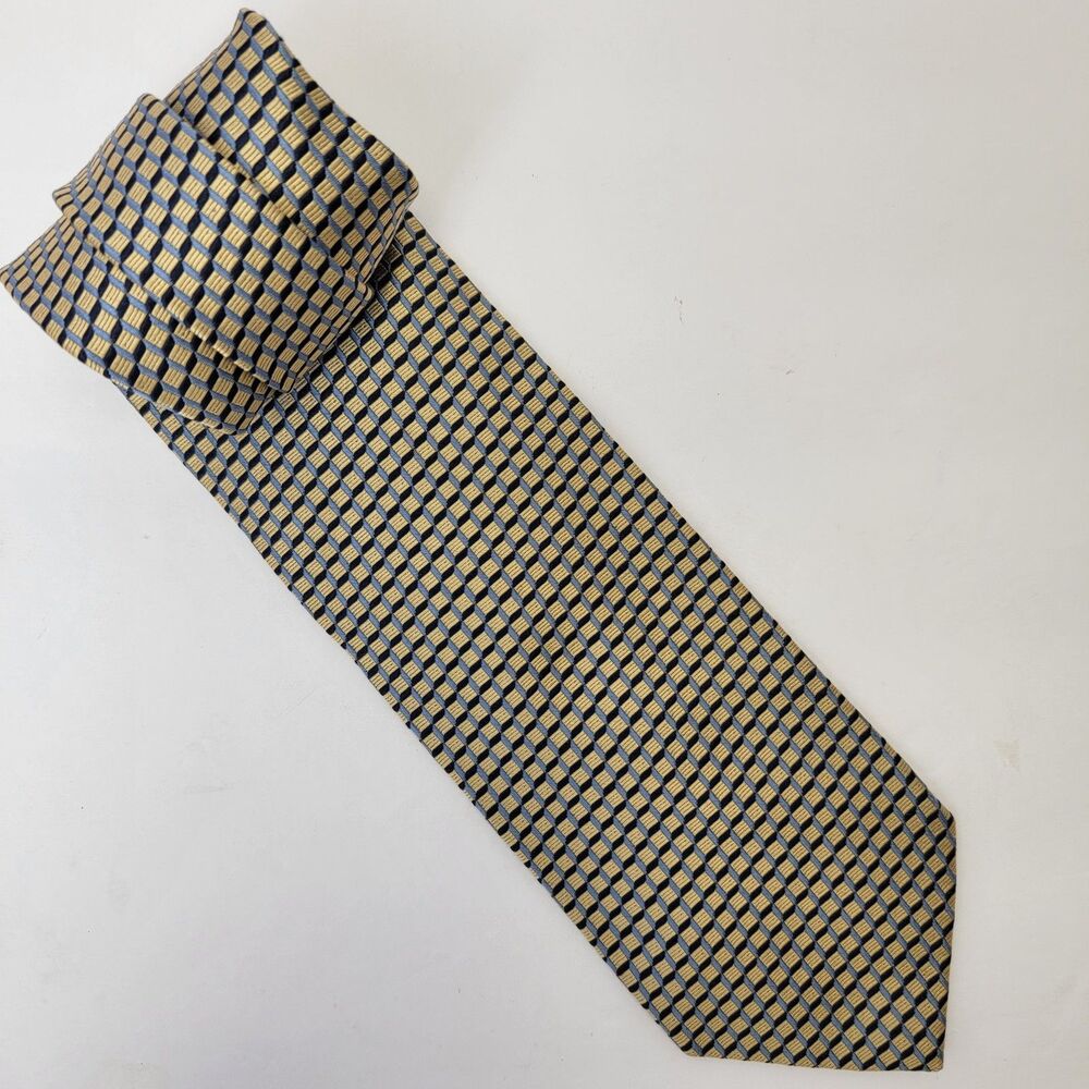 Jos A Bank Corp 100% Silk Embroidered Blue/Gold Stacked Boxes Necktie 57x3.75